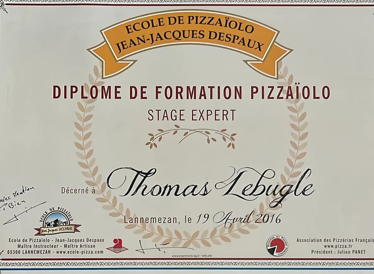 Diplôme de pizzaïolo de Thomas, école Jean-Jacques Despaux, 2016